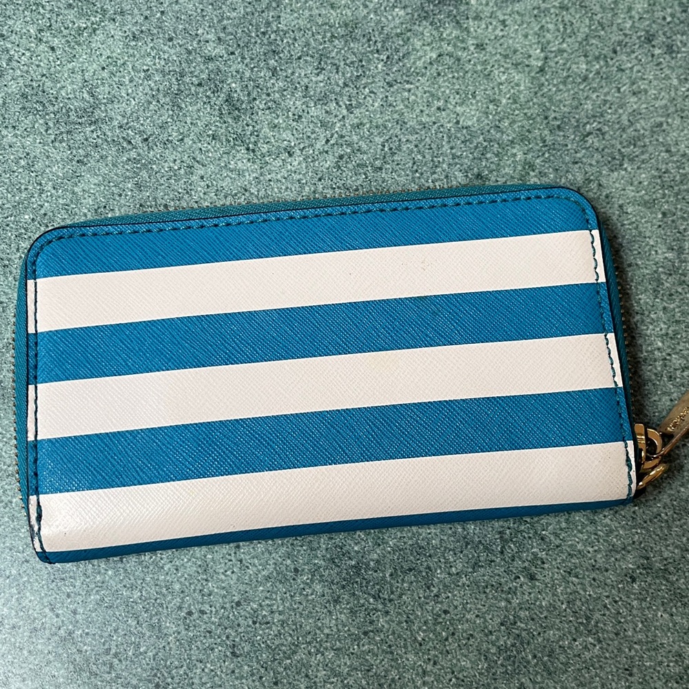 MK Blue & White Stripe Leather Zip Around Wallet - Picture 2 of 7